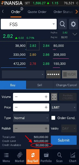 HeroM on the phone: the order screen for a Thai stock, with price, volume and the buy and sell buttons.