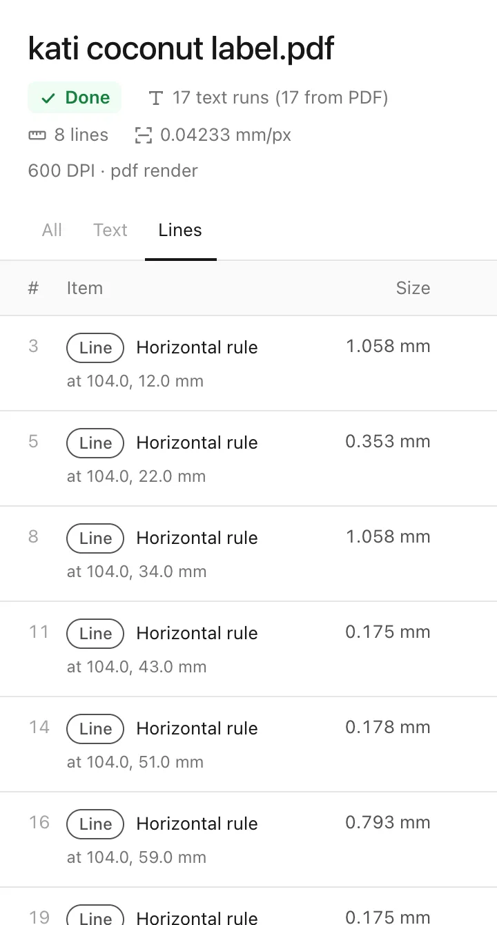 The Lines tab of the results list: each horizontal rule with its position and thickness in millimetres.