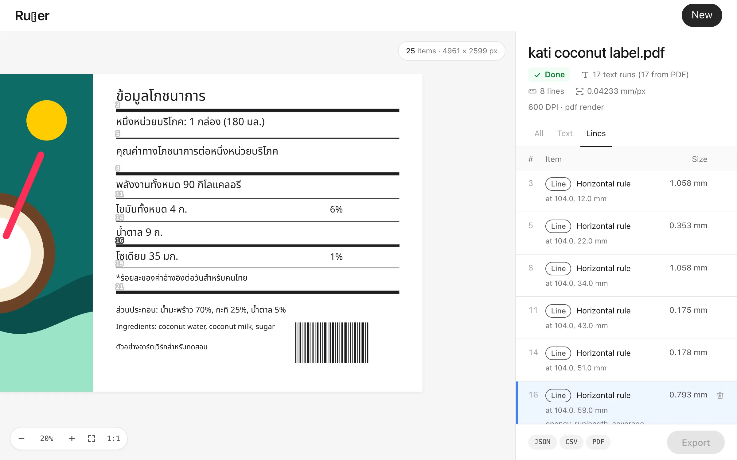 The Ruler workspace on the Lines tab: a coconut-drink label with its nutrition table, one rule selected, and the list of every rule with its thickness in millimetres.