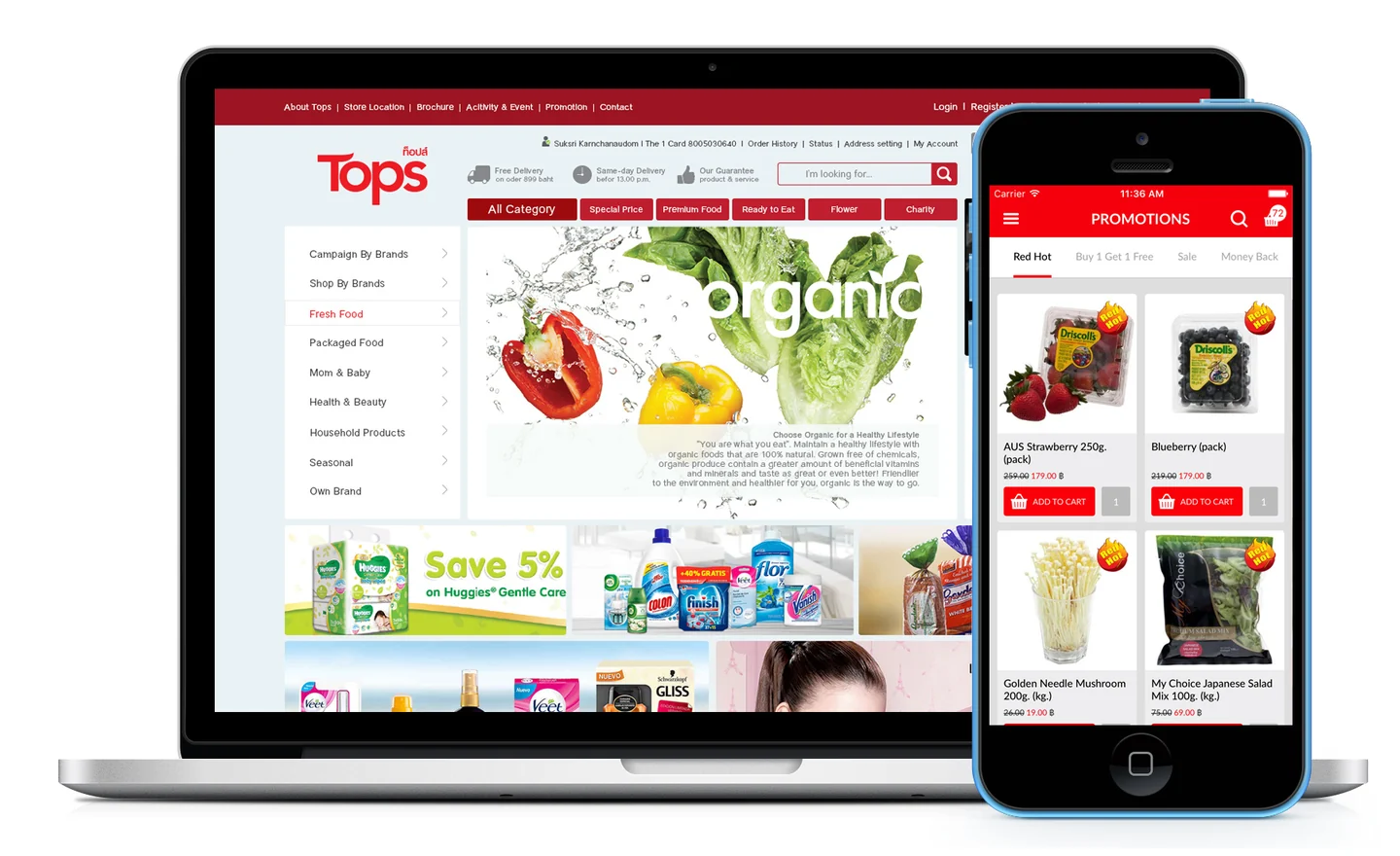 The Tops shop on a laptop and a phone, with the week's deals and fresh produce.