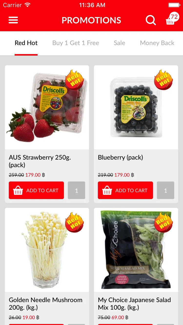 The Tops app's promotions screen: strawberries, blueberries, mushrooms and salad, each with a sale price and an add-to-cart button.